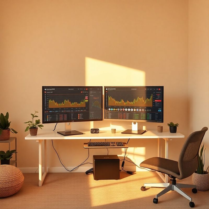 Birou tehnic cu dublu monitor afișând dashboard de tranzacționare în lumina coastei